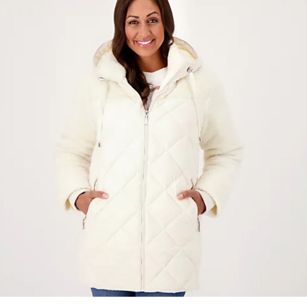 NWT Koolaburra by UGG Mixed Media Sherpa & Quilted Parka size extra Small cream